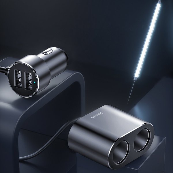 Baseus High Efficiency | Bilader med 2x USB + splitter 2x sigarettenneruttak 80W