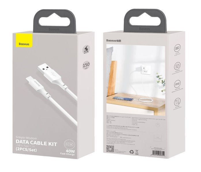 Baseus Simple Wisdom | USB - USB-C-kabel 5A 40W Huawei SCP QC 3.0, 2stk