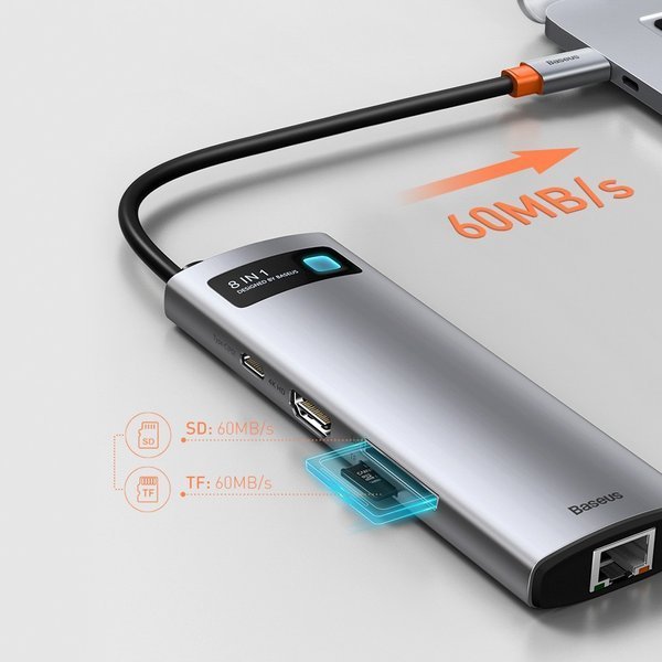 Baseus Metal Gleam Series 8-in-1 | USB-C - HDMI 4K 3x USB3.0 USB-C RJ45 SD TF PD 100W HUB adapter
