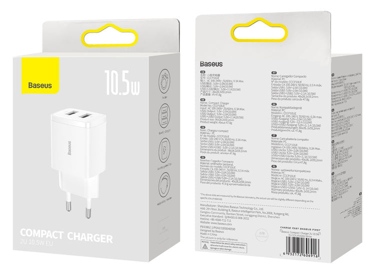 Baseus Compact | Vegglader med 2x USB-A 10.5W 2A