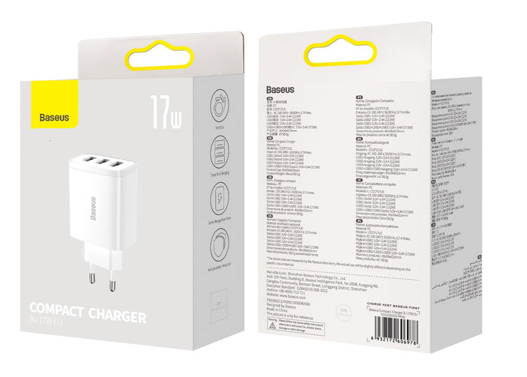 Baseus Compact | Vegglader med 3x USB-A 17W