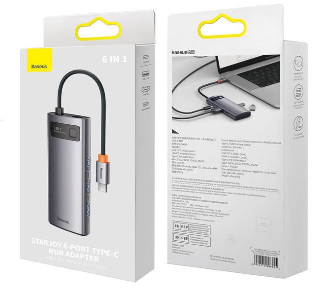 Baseus Metal Gleam 6w1 | USB-C-hubadapter - 2x HDMI, 3x USB3.0, PD 100W