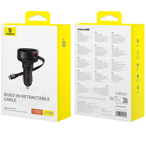 Baseus Enjoyment Retractable Pro | Bilkraftig lader med USB-C-kabel og Typ-C QC PD AFC, 60W
