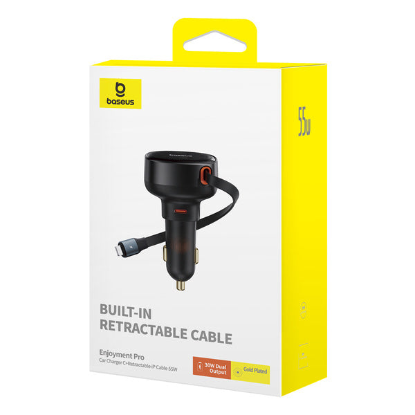 Baseus Enjoyment Retractable Pro | Bilkabel lader med Lightning-kabel og Type-C-port QC PD AFC 55W