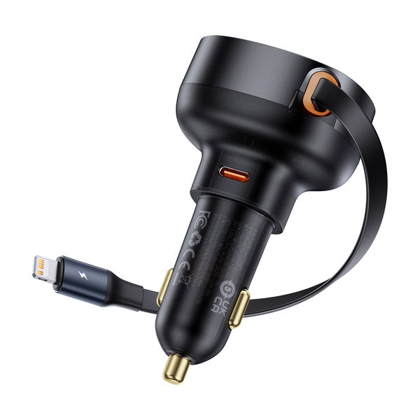 Baseus Enjoyment Retractable Pro | Bilkabel lader med Lightning-kabel og Type-C-port QC PD AFC 55W